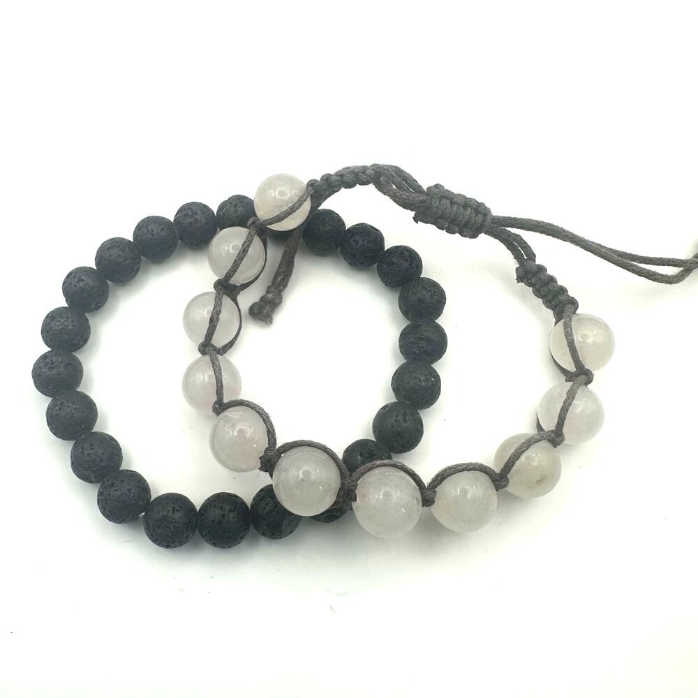 Rose Quartz Shamballa Bracelet Boho Bracelet Lot of 2 Black Lava Stone Beads